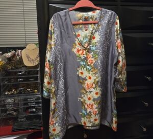 Johnny Was Silk Floral V-Neck Tunic - Gray and Multicolor
